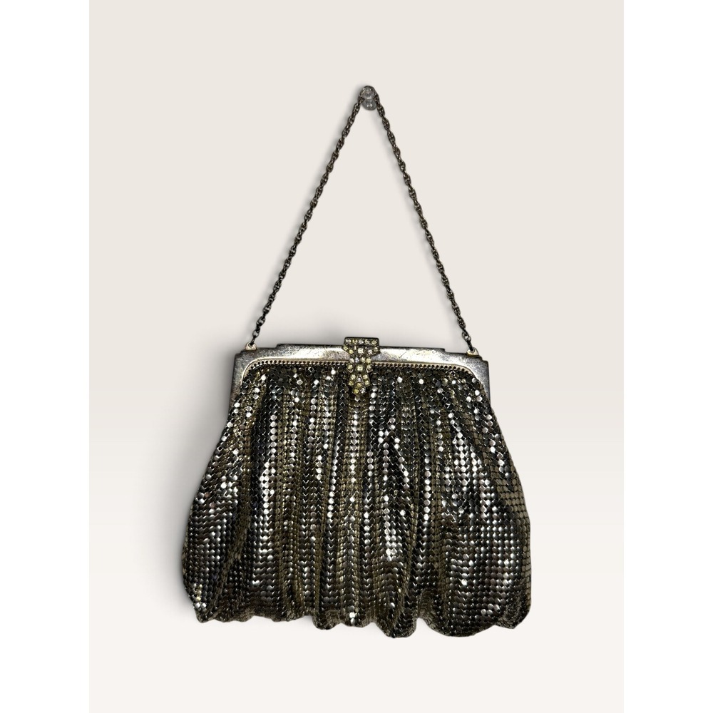 Vtg Whiting & Davis Silver Tone Metal Mesh Evening Clutch Bag Rhinestones 50s